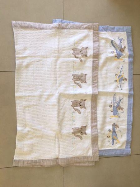 2 x white embroidered cotton cellular baby blankets