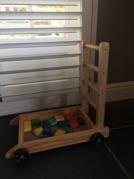 Wooden Trolley with Colourful Wooden Blocks