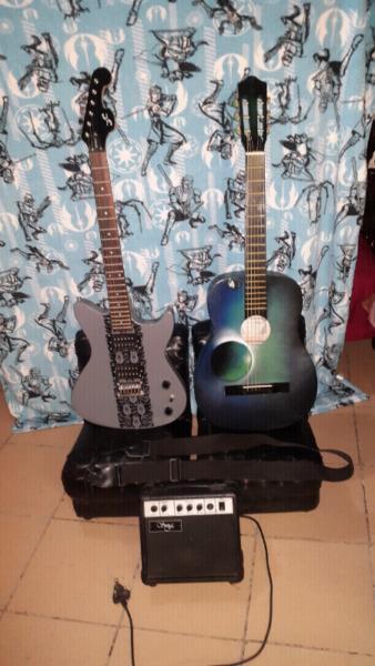 Electric And Accoustic Guitars With Amp