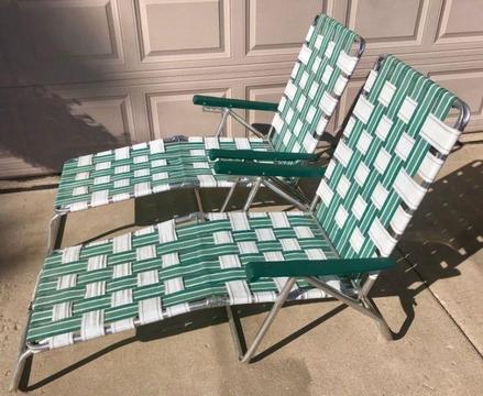 Set 2 Chaise Lounge Lawn Chairs Aluminum Webbed Folding Reclining Vintage Patio