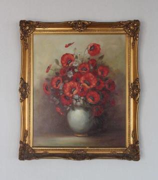 Vintage Ornate Framed Painting on Canvas of Red Poppy Flowers in Vase