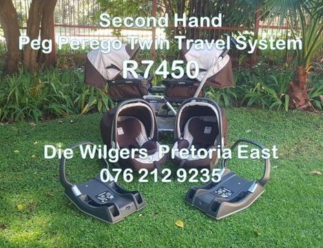 Second Hand Peg Perego Twin Travel System with Belted Bases