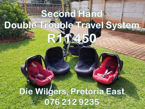 Second Hand Double Trouble Travel System with Maxi-Cosi Pebble Car Seats