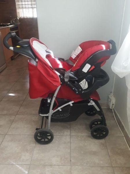 Red graco pram and car chair and camp cot with mattress for sale