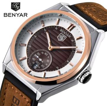 Benyar 43mm Quartz Mens Watch With Leather Band