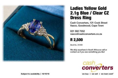 Ladies Yellow Gold 2.1g Blue / Clear CZ Dress Ring