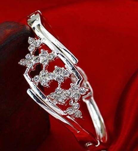 Silver Plated Rhinestone Flower Cuff Bracelet Bangle For Women