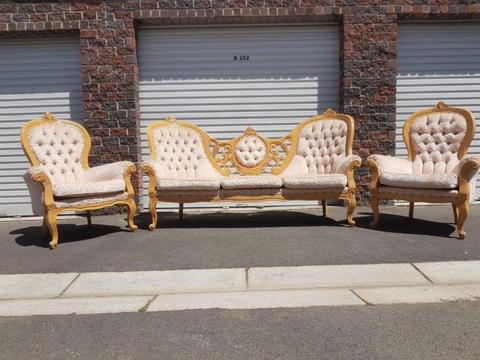 Queen Anne Victorian lovely Embossed Beech Wood Original 3 seater couch and 2 single chairs
