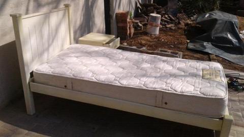 Solid single bed, mattress and bedside table