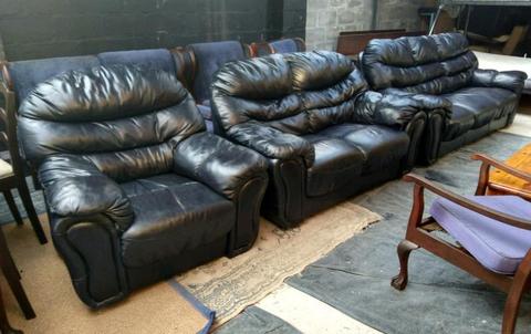 3 piece navy leather lounge suite