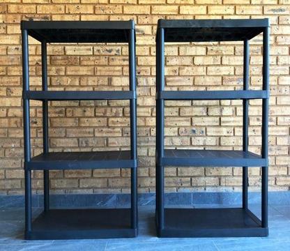 2x Plastic Shelf Units