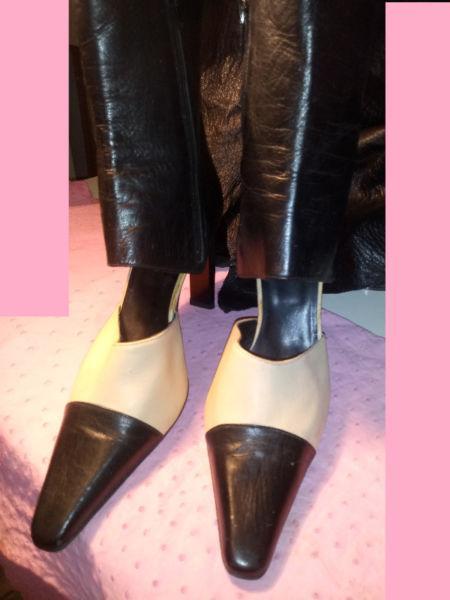 FIORANGELO Leather Ankle Boots in Black & Cream Louis Vuitton, Prada, Jimmy Choo, Manolo Blahnik