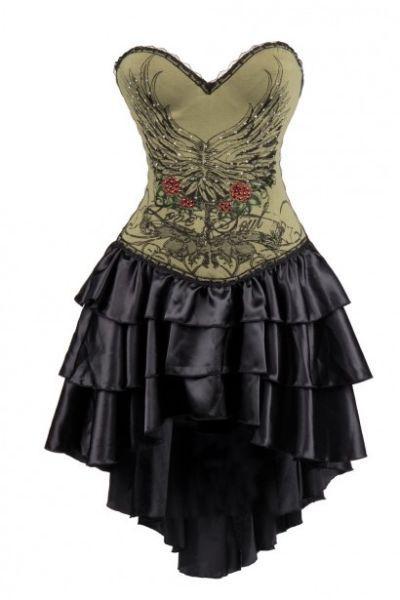 Army Green Flower and Wings Printing Corset Dress With Layered Irregular Bottom Design
