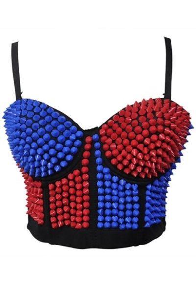 Black Strappy Corset With Red & Blue Spiked Embellishments and Adjustable Back Hook and Eye