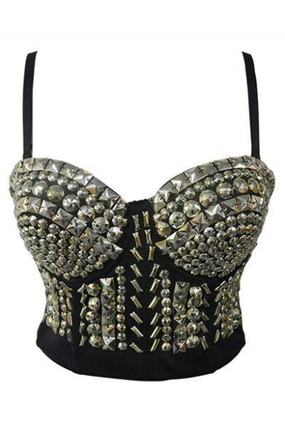 Black Strappy Corset With Gloden Sequins Embellishments and Adjustable Back Hook and Eye Closur