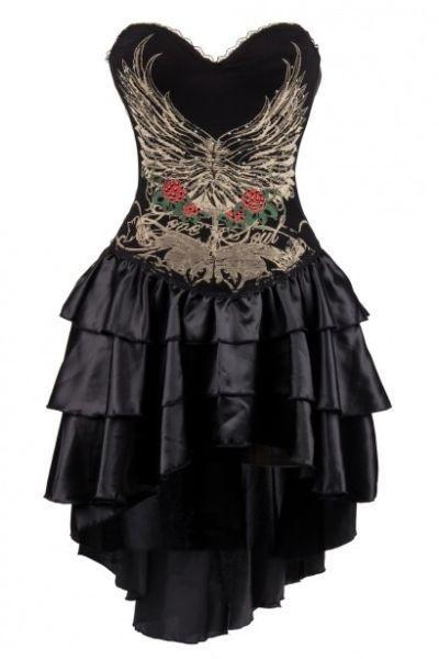 Black Flower and Wings Printing Corset Dress With Layered Irregular Bottom Design