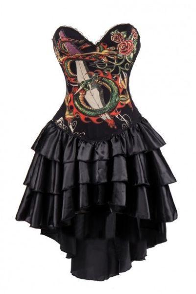 Black Dragon Print Corset Dress With Layered Irregular Bottom Design