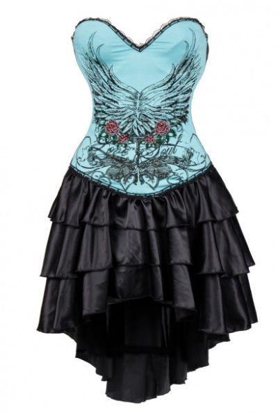 Blue Flower and Wings Printing Corset Dress With Layered Irregular Bottom Design