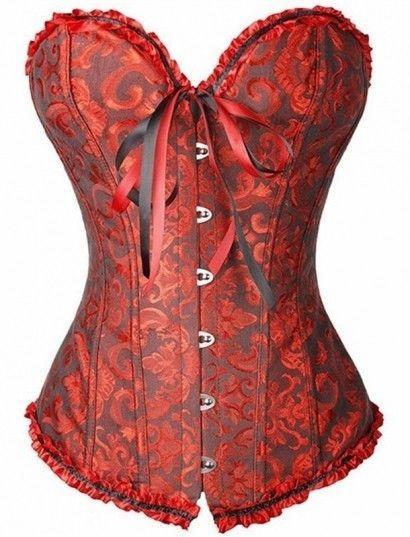 Dark Red Victorian Floral Brocade Corset With Ruffle Ribbon Trim, Sweetheart Neckline, Front Busk, L
