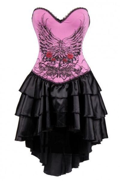 Pink Flower and Wings Print Corset Dress With Layered Irregular Bottom Design
