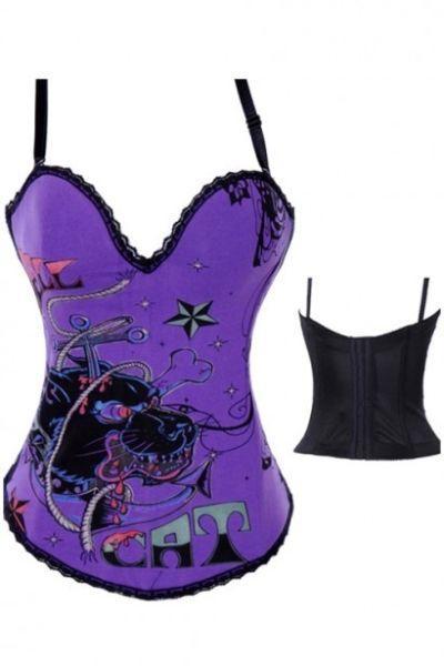 Pin-up Strapped Purple Overbust Lace Trimmed Rhinestone Corset Top With Cat Design