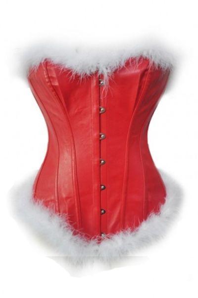 Red Leather Christmas Corset With White Fur Trim