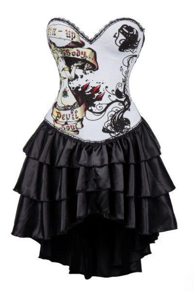 White Devil Soul Print Corset Dress With Layered Irregular Bottom Design