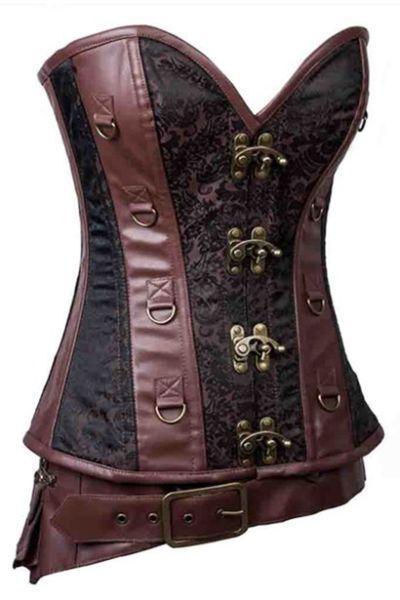 Women Brown Brocade Steampunk Leather Corset With Front Buckles