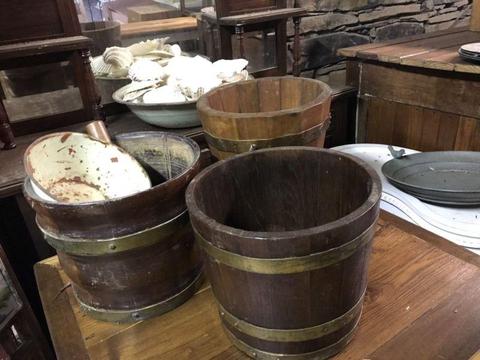 Antique hand made variety of wooden buckets and planters