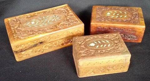 Set of 3 vintage hand carved (camphor?) jewelry boxes