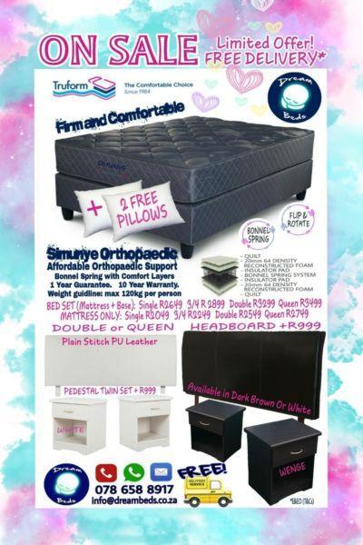 FREE DELIVERY - ORTHOPAEDIC Single, 3-4 Double Queen and King Bed Sets FOR SALE