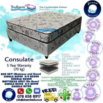 FREE DELIVERY Consulate 3-4 DOUBLE AND QUEEN BED Mattress AND BASE SET