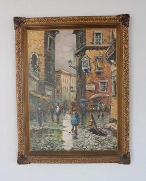 Vintage Ornate Framed Painting of Via Della Lungaretta Street Scene in Rome