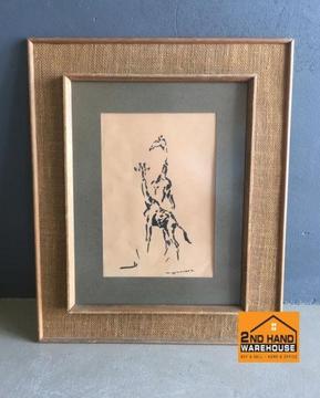 Giraffe printed painting in woven frame