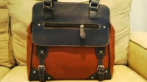 Elegant Ladies Tan/Blue PU Leather Handbag With Beautiful Detail & Design*Brand New