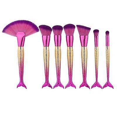 7 PIECE PINK MAKEUP BRUSHES SET WITH MERMAID HANDLES & PURPLE BRISTLES