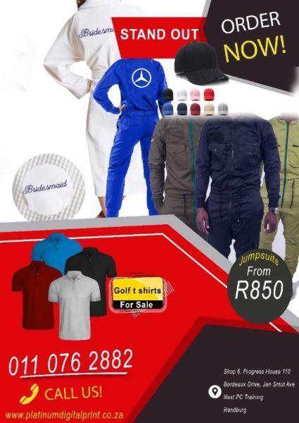 Golf t shirts, caps, beanies, jumpsuits, www.platinumdigitalprint.co.za call 0110762882