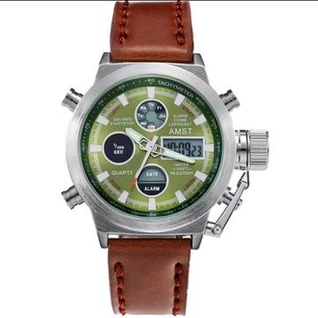 AMST Mens Multifunction Quartz Fashion Watch With Leather Strap