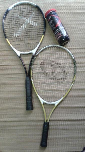 Senior (Maxed) and Junior(Spalding) Tennis Racquets and 3 tennis balls