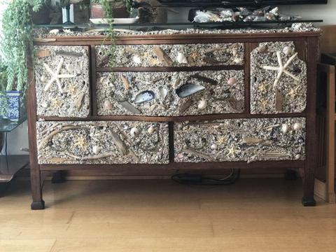 SHELL, DRIFTWOOD & SEASAND COVERED ANTIQUE CUPBOARD