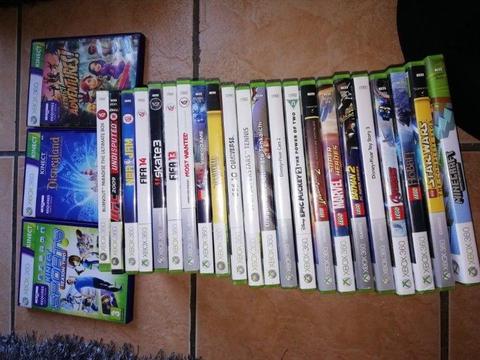 Xbox 360 with games, figurine characters and kinect