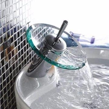 Modern Style Kitchen Bathroom Vessel Basin Sink Glass Waterfall Mixer Tap Faucet