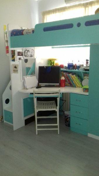 Loft bed with desk and cupboard for sale