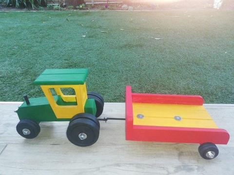 Handmade toy tractor and trailer