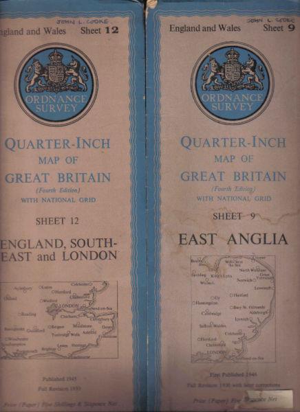 Ordnance Survey 1951 Quarter inch maps of Great Britain Sheet 12 ; 9 Anglia & London