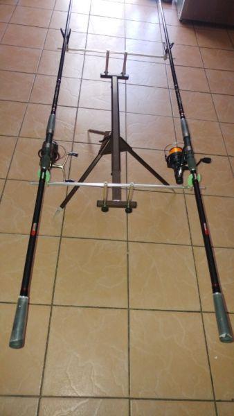 Carp Fishing Combo. Tripod 4 Rod holder with two sensation Velocity v1 12 FT rods. Two Mitchell Reel