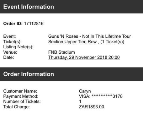 Guns n Roses seated Ticket