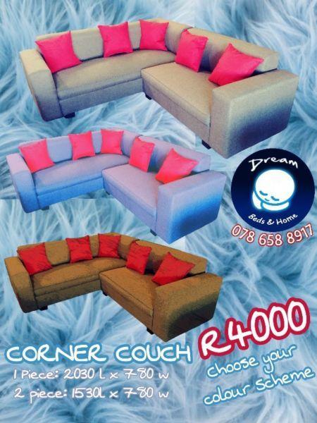 For Sale Brand New CORNER COUCH R4000. Grey, Black, Red, Brown, charcoal Fabric. 2 Piece