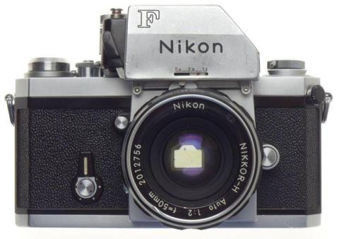 35mm vintage film camera chrome nikon f body nikkor-h auto 1:2 f=50mm lens cap