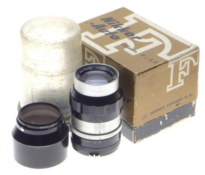 Nikkor-Q Auto 1:3.5 f=135mm Nippon Kogaku Box filter hood keeper Clean required